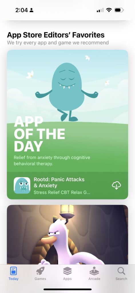iOS App Store screenshot showing Rootd: Panic Attacks and Anxiety named App of the Day, with the tagline "Relief from anxiety through cognitive behavioral therapy"